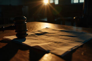 Prison release petition documents and wooden gavel on a mahogany desk in an empty courthouse with dramatic amber lighting