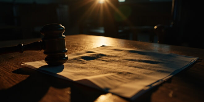 Prison release petition documents and wooden gavel on a mahogany desk in an empty courthouse with dramatic amber lighting