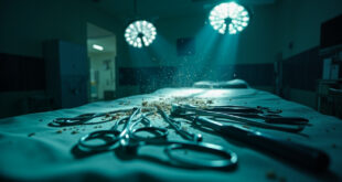 Abandoned surgical instruments on empty operating table in dimly lit hospital room, highlighting medical ethics concerns
