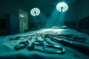 Abandoned surgical instruments on empty operating table in dimly lit hospital room, highlighting medical ethics concerns