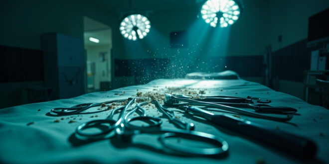 Abandoned surgical instruments on empty operating table in dimly lit hospital room, highlighting medical ethics concerns