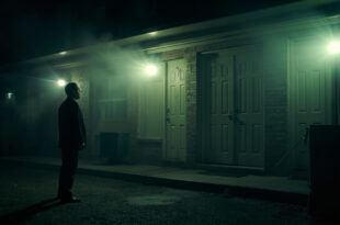 Solemn funeral home exterior at dawn with closed hearse doors during a crime investigation
