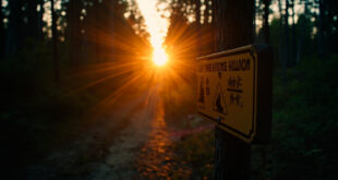 Warning signpost with safety symbols stands at a deserted forest trail junction at dusk, bathed in amber light