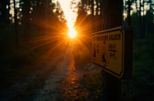 Warning signpost with safety symbols stands at a deserted forest trail junction at dusk, bathed in amber light