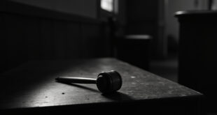 Wooden gavel sits alone on dark judicial bench in empty courtroom with rows of wooden benches