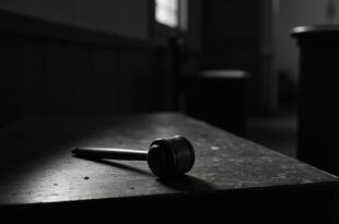 Wooden gavel sits alone on dark judicial bench in empty courtroom with rows of wooden benches