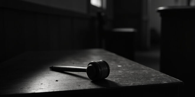 Wooden gavel sits alone on dark judicial bench in empty courtroom with rows of wooden benches