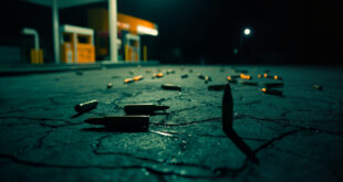 Seventeen empty bullet casings scattered on wet asphalt under harsh streetlight illumination