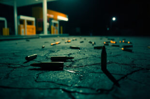 Seventeen empty bullet casings scattered on wet asphalt under harsh streetlight illumination