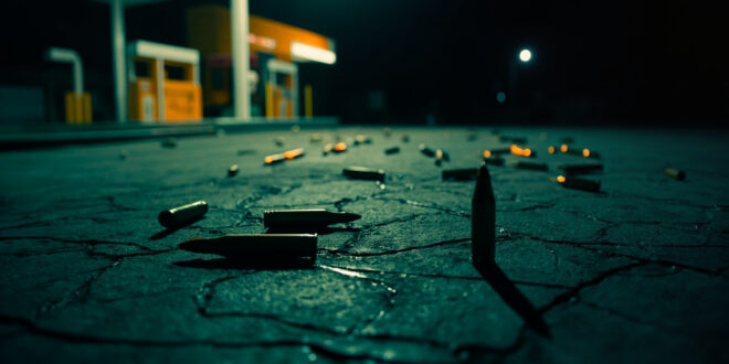 Seventeen empty bullet casings scattered on wet asphalt under harsh streetlight illumination