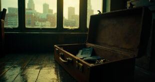 Open vintage suitcase with British passport and keys on windowsill overlooking London cityscape