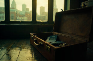 Open vintage suitcase with British passport and keys on windowsill overlooking London cityscape