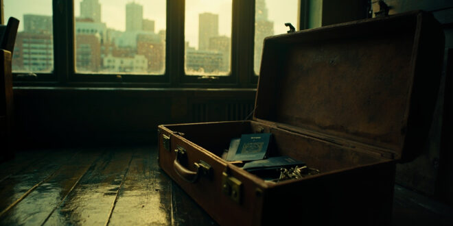 Open vintage suitcase with British passport and keys on windowsill overlooking London cityscape