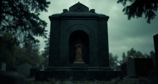 Black granite headstone with bronze religious statue in central niche, surrounded by cemetery landscape with mature trees.