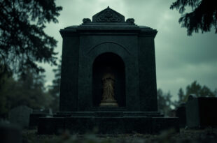 Black granite headstone with bronze religious statue in central niche, surrounded by cemetery landscape with mature trees.
