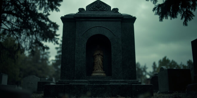 Black granite headstone with bronze religious statue in central niche, surrounded by cemetery landscape with mature trees.
