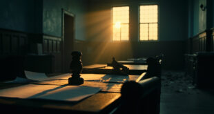 Empty courtroom with judge's gavel on bench and scattered legal documents in abandoned city hall office at dusk