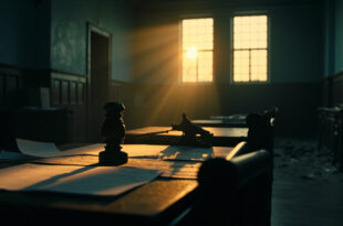 Empty courtroom with judge's gavel on bench and scattered legal documents in abandoned city hall office at dusk
