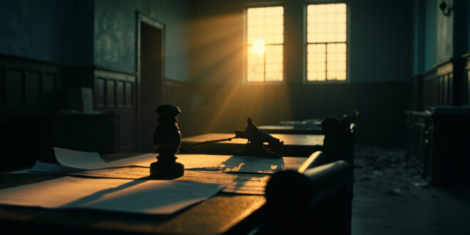Empty courtroom with judge's gavel on bench and scattered legal documents in abandoned city hall office at dusk
