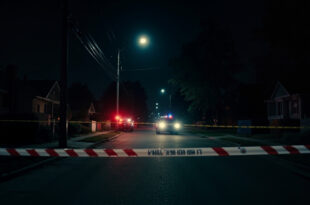 Red and white police tape stretched across empty residential street with emergency vehicles in background