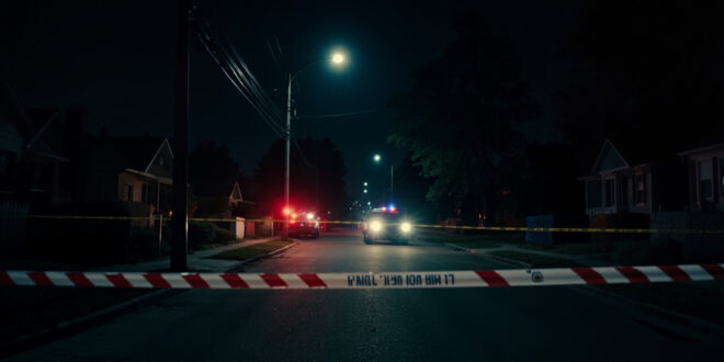 Red and white police tape stretched across empty residential street with emergency vehicles in background