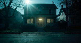 Abandoned family home with drawn curtains and closed doors in a quiet suburban neighborhood at dawn