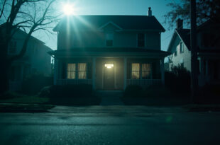 Abandoned family home with drawn curtains and closed doors in a quiet suburban neighborhood at dawn