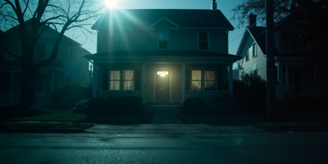 Abandoned family home with drawn curtains and closed doors in a quiet suburban neighborhood at dawn