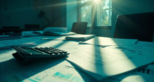 Empty government desk with calculator, policy documents and economic analysis papers in sterile blue and white office