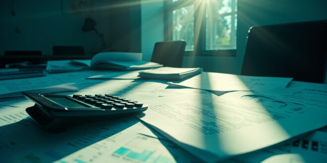 Empty government desk with calculator, policy documents and economic analysis papers in sterile blue and white office