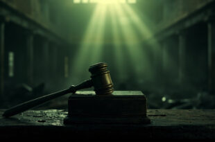 Weathered wooden gavel resting on dark judicial bench with swamp reflections in background.