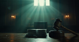 Wooden gavel beside legal documents on empty judge's bench in vacant federal courthouse, symbolizing denied bail ruling