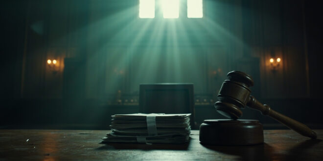 Wooden gavel beside legal documents on empty judge's bench in vacant federal courthouse, symbolizing denied bail ruling