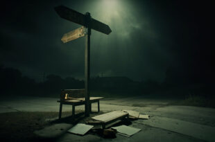 Empty street sign post at urban intersection with legal documents scattered on wooden surface nearby