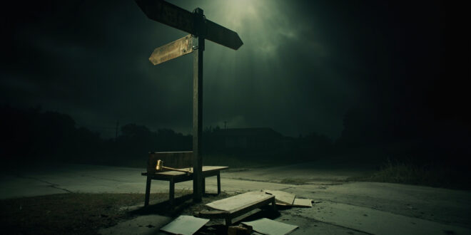Empty street sign post at urban intersection with legal documents scattered on wooden surface nearby