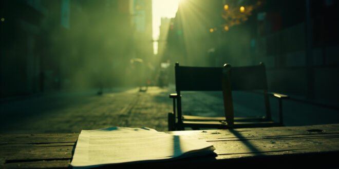 Abandoned film equipment and director's chair with script on empty movie set in New York City park during filming break