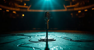 Vintage microphone on stand in dimly lit Vegas venue with gold stage lights and scattered sequins on floor