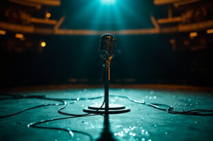 Vintage microphone on stand in dimly lit Vegas venue with gold stage lights and scattered sequins on floor