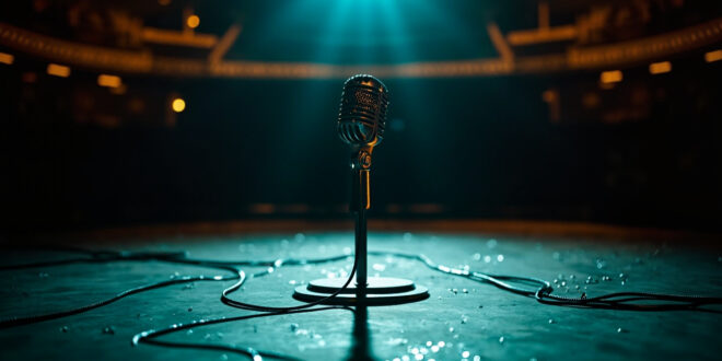 Vintage microphone on stand in dimly lit Vegas venue with gold stage lights and scattered sequins on floor
