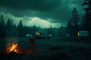 Empty camping chair and cold fire pit at abandoned Swedish campsite with dark storm clouds overhead