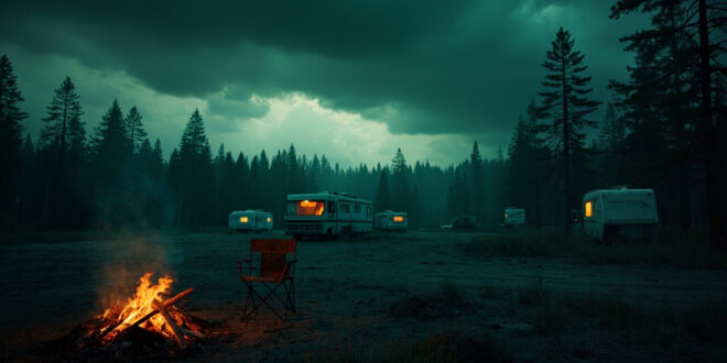 Empty camping chair and cold fire pit at abandoned Swedish campsite with dark storm clouds overhead