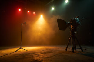 Vintage television camera stands silently beside a lone microphone in an abandoned TV studio at dusk, bathed in fading golden light.