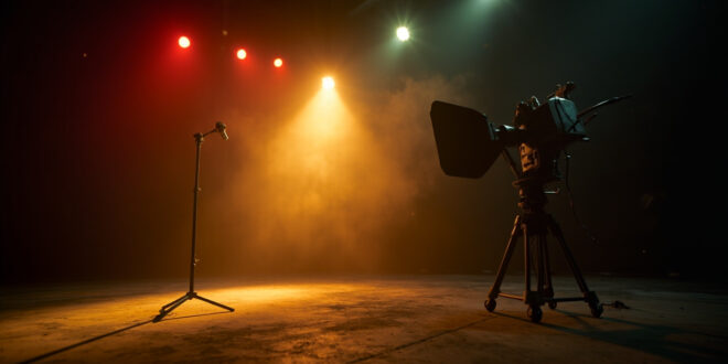 Vintage television camera stands silently beside a lone microphone in an abandoned TV studio at dusk, bathed in fading golden light.