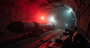 Unmanned intercontinental ballistic missile in abandoned underground silo with empty control console at twilight