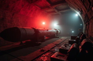 Unmanned intercontinental ballistic missile in abandoned underground silo with empty control console at twilight