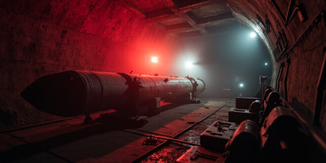 Unmanned intercontinental ballistic missile in abandoned underground silo with empty control console at twilight