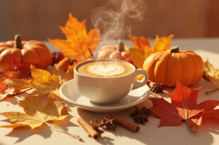 Coffee cup with heart foam on wooden counter surrounded by autumn pumpkins and cinnamon sticks