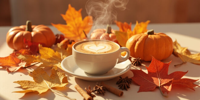 Coffee cup with heart foam on wooden counter surrounded by autumn pumpkins and cinnamon sticks