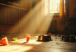 Empty pet food bowls and scattered cat toys arranged on wooden floor in a cozy, naturally lit indoor corner