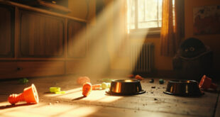 Empty pet food bowls and scattered cat toys arranged on wooden floor in a cozy, naturally lit indoor corner